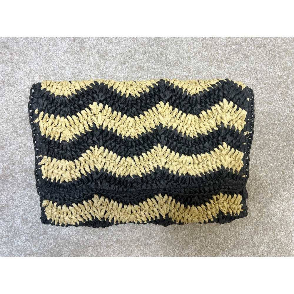 Chevron Woven Straw Clutch Bag Black Tan Foldover Envelope Snap Closure